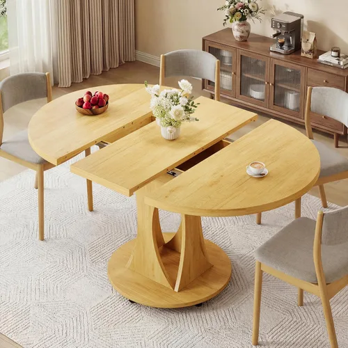 Vista 13 de iPormis Mesa de comedor extensible de 43 a 59 pulgadas, mesa de cocina redonda con pedestal de arcos modernos, mesa de comedor ovalada con hojas