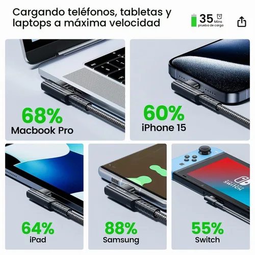 Vista 5 de Cable de carga USB C a USB C (3.3 pies, paquete de 2), cable de carga tipo C de 60 W, cable de carga rápida de ángulo recto USBC a USBC para iPhone