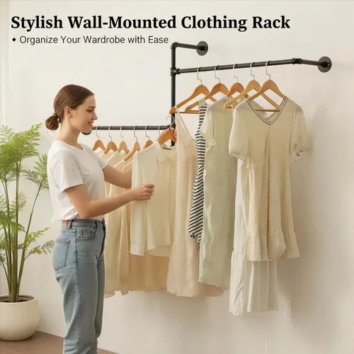 Vista 2 de Perchero industrial para ropa de pared con rieles de ropa de tubería, barras multiusos para colgar ropa resistente, ahorro de espacio, organizador