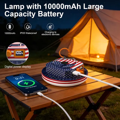 Vista 4 de IODOO Luz de campamento recargable de 10000 mAh con control remoto, bandera de Estados Unidos, luz de bandera estadounidense para acampar al aire