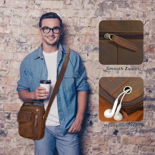 Vista 5 de BAIGIO Bolso cruzado de cuero genuino para hombre, bolso de hombro pequeño, bolso de mensajero, maletín de cuero, regalo del padre