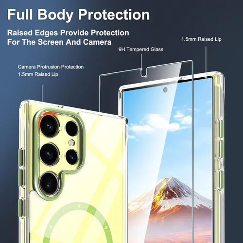 Vista 7 de Funda Magnética para Samsung Galaxy S24 Ultra Compatible con MagSafe, Cristal Transparente Anti-Amarilleamiento a Prueba de Golpes Parachoques Funda