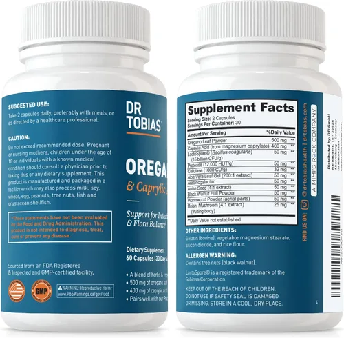 Vista 9 de Dr. Tobias Mezcla de orégano y ácido caprílico y probióticos para mujeres, apoya la salud intestinal, inmune y urinaria, sin OMG