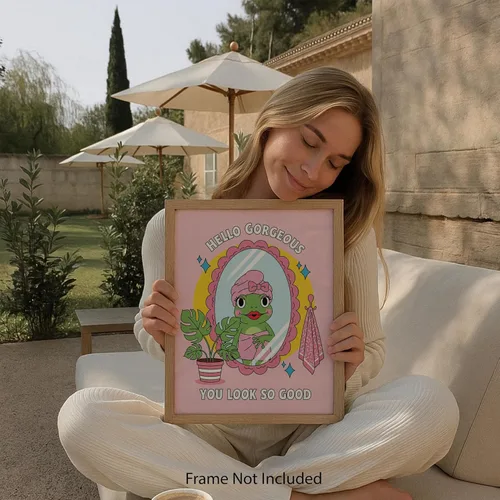 Vista 4 de Mirror Frog Says You Slay - Pink Frog Decor - Cute Bathroom Art for College Girls - Retro Bathroom Wall Art - Room Decor for Teens - Unframed 8x10