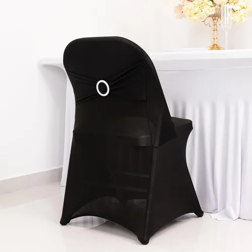 Vista 17 de Efavormart - Funda para silla de banquete de elastano beige con banda de hebilla de diamantes de imitación plateados, funda elástica para silla