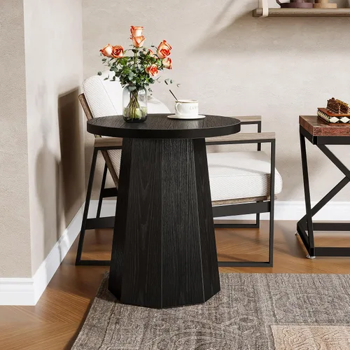 Vista 5 de Tribesigns Mesa Auxiliar Redonda de Estilo Rústico, Mesa Lateral de Madera para Sofá con Base Octagonal, Mesita de Noche Negra con Pedestal, Mueble