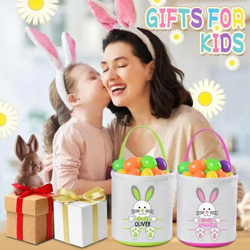 Vista 7 de Cestas de Pascua personalizadas, canasta de Pascua de VAPCUFF para niños, regalos de Pascua, bolsas de caza de huevos de Pascua para niñas y niños