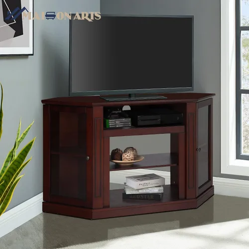Vista 6 de MAISON ARTS Moderno soporte de TV de esquina con centro de entretenimiento de almacenamiento con 2 puertas, mesa de consola multimedia para sala