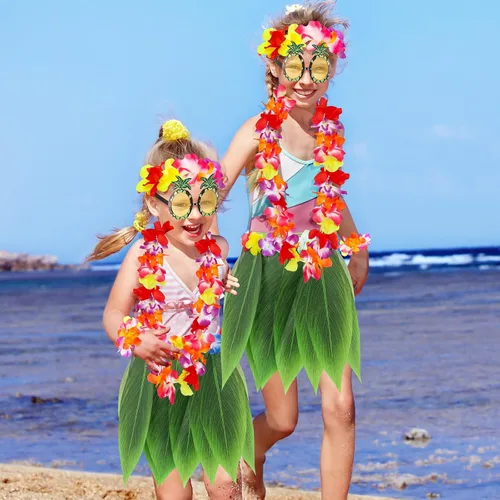 Vista 6 de Falda de hierba para niñas para fiesta de Luau, falda hawaiana de hula con flores Leis para decoración de fiesta de playa y Hawaii Luau