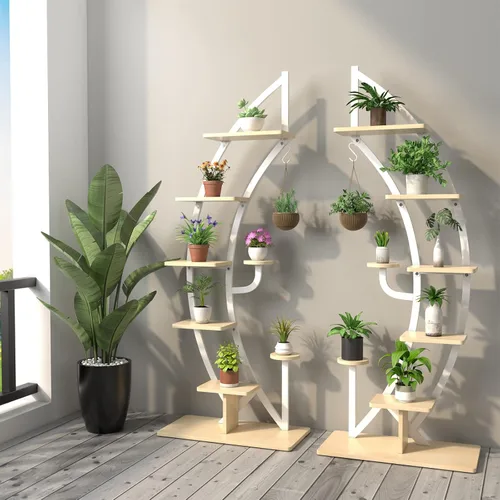 Vista 2 de Giantex Soporte para plantas de metal de 6 niveles para interiores, círculo luna-blanco