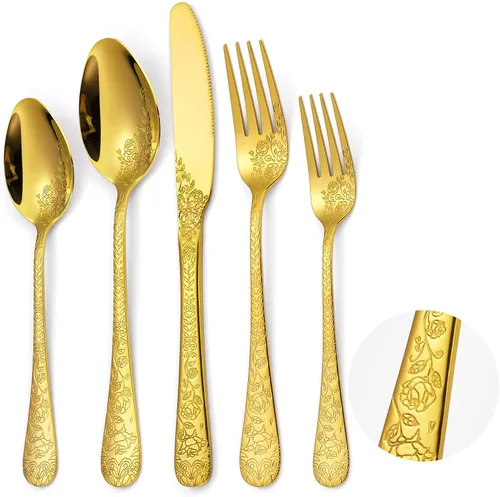 Vista 17 de Juego de Cubiertos Florales Negros para 6 Vajilla de Acero Inoxidable 30 Piezas Cubiertos Únicos Utensilios para Comer Vajilla Elegante Tenedor