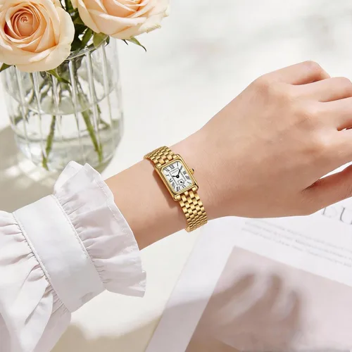 Vista 6 de Relojes dorados para mujer, pulsera vintage, esfera romana, rectangular, ultrafina, con herramienta de ajuste