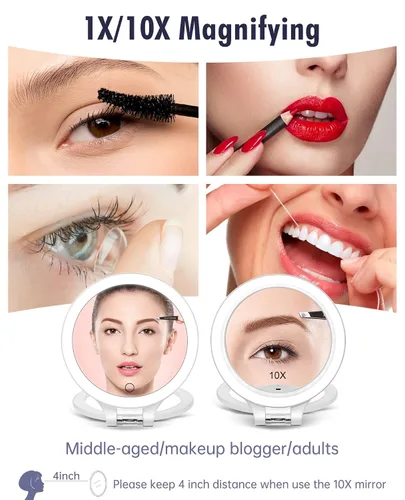 Vista 4 de FASCINATE Espejo de aumento de 10 x 1 x doble cara, espejo de tocador de maquillaje recargable con 3 modos de iluminación de color, rotación