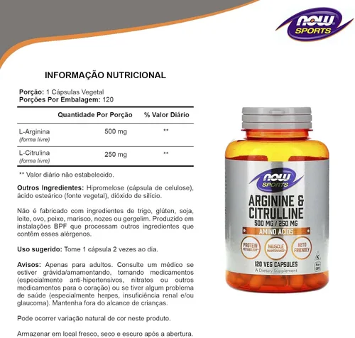 Vista 3 de Now Foods Arginina 500mg con Citrulina 250 mg-120 Cápsulas
