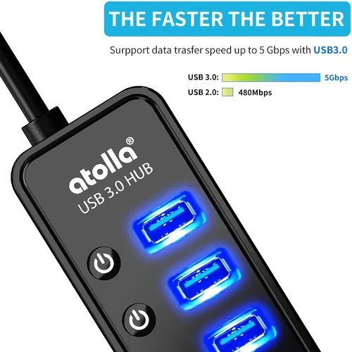 Vista 2 de Hub USB 3.0 alimentado, divisor de concentrador de datos USB de 7 puertos Atolla con un puerto de carga inteligente e interruptores individuales