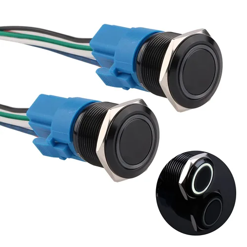 Vista 14 de Interruptor de botón con cierre de 0.630 in, anillo 3A, LED, 12V-24V, interruptor de botón de metal negro, carcasa de aluminio autobloqueante