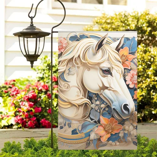 Vista 3 de horse and flowers retro spring outdoor flags Easter banner for Patio decoration 12x18 double sided