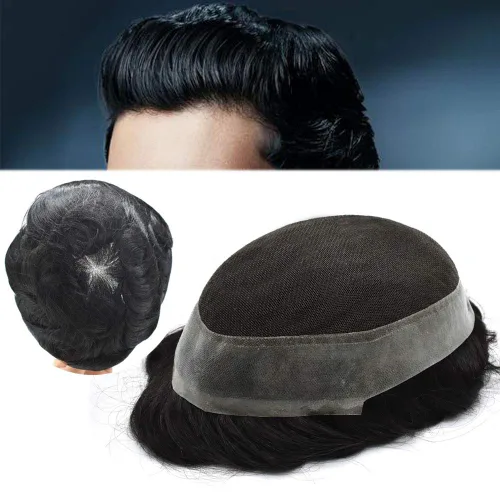 Vista 10 de Sistema de cabello para hombre, tupé de encaje suizo para hombres, piezas de cabello humano real, encaje transpirable, extensiones invisibles de #1B