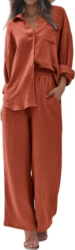 Vista 3 de KIRUNDO Conjunto de 2 piezas de algodón de manga larga con botones y pantalones de pierna ancha a juego, conjunto casual de descanso