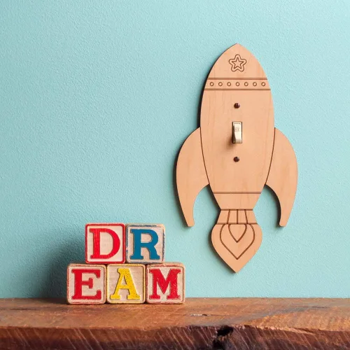 Vista 2 de Rocket Light Switch Plate Cover (Toggle Style) - Handmade Wooden Outer Space Nursery Room Decor