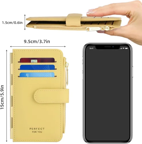Vista 4 de PERFECB - Cartera para mujer, con bloqueo RFID, delgada, plegable, para tarjetas de crédito, con cremallera simple, Amarillo, Cartera con tarjetero