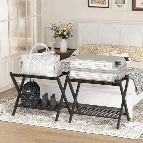 Vista 8 de Portaequipajes plegable con estante de almacenamiento para habitación de invitados Hotel Essentials de bambú sólido resistente soporte