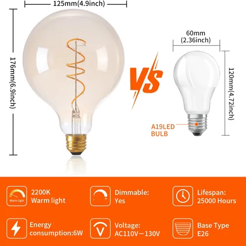 Vista 3 de OMED Bombilla Edison LED vintage G125/G40 E26, globo de gran tamaño, regulable, de vidrio ámbar, 2200 K, blanco cálido, bombilla redonda antigua