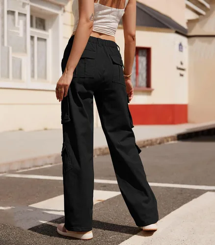 Vista 2 de ZMPSIISA Pantalones de mujer de cintura alta, pantalones cargo militares de pierna ancha, pantalones casuales de 8 bolsillos
