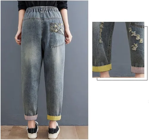 Vista 5 de LAI MENG FIVE CATS Pantalones vaqueros sueltos para mujer, pantalones harén con cintura elástica con bolsillo