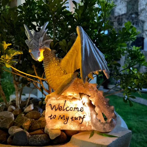 Vista 12 de Estatua de Dragón de Jardín con Energía Solar Figura Luminosa para Exteriores Decoración Linda que Sostiene Bola de Cristal Brillante Escultura