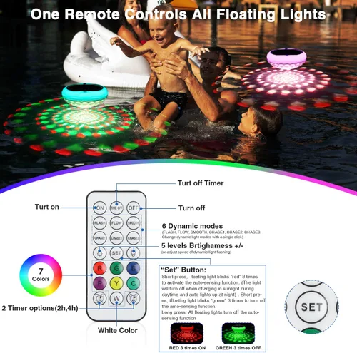 Vista 6 de QOLNBY Luces de Piscina, 2 en 1 Solar USB Recargables Luces Flotantes para Piscina, 6.69 Pulgadas 2600mAh IP68 Impermeable 6 Modos Dinámicos