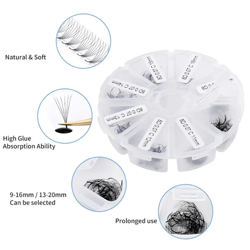 Vista 45 de Extensiones de pestañas de 1200 fans, prefabricadas, con volumen, 9-20mm, bandeja mixta, 20D, con punta en C, base puntiaguda, extensiones