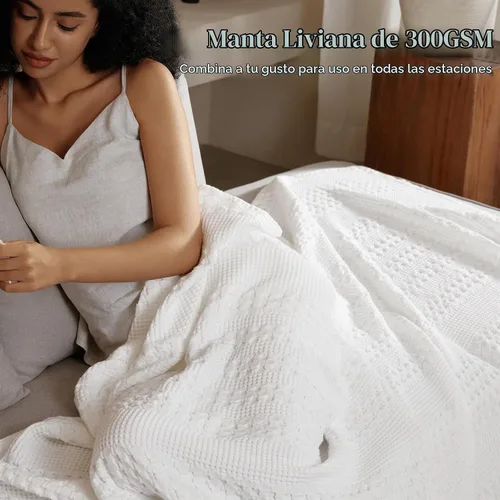 Vista 2 de PHF Manta ligera de punto gofre 100% algodón para cama, King, color blanco 02 Blanco