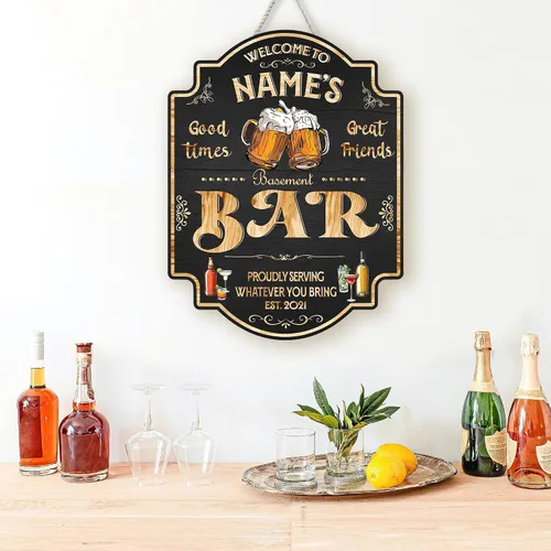 Vista 7 de Placa de pared personalizada con letrero de madera con texto en inglés "Welcome To Our Bar" (NO REAL CARVED), decoración de barra de sótano, sala