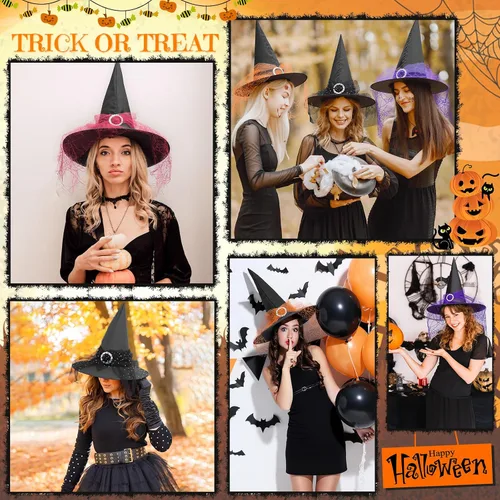 Vista 6 de American Trends Sombrero de bruja de Halloween para mujer, accesorio de disfraz de Halloween de encaje para fiesta