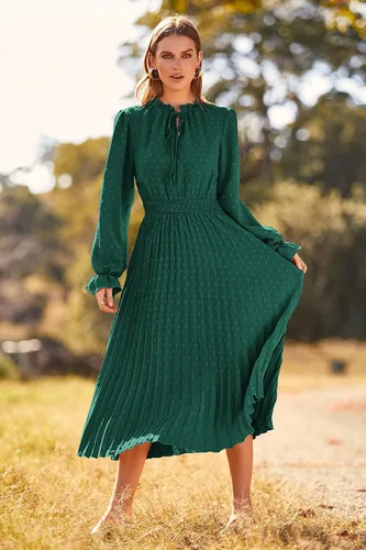 Vista 6 de PRETTYGARDEN Vestido midi de otoño 2024 para mujer, casual, manga larga, cuello en V, lunares suizos, plisado, acampanado, vestidos fluidos