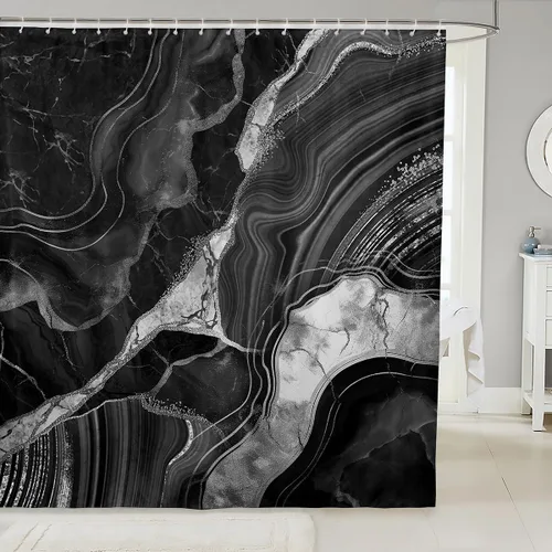 Vista 25 de Erosebridal Cortina de ducha de mármol negro, 72 pulgadas de ancho x 72 pulgadas de largo, juego de baño con grietas doradas, tela de textura