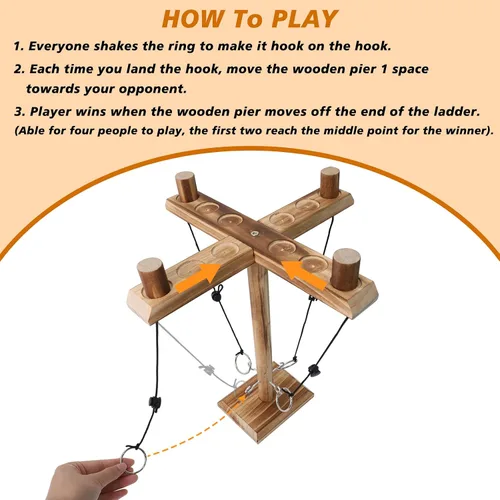 Vista 3 de Juego de batalla de lanzamiento de ganchos y anillos para 4 jugadores, ganchos de madera hechos a mano para adultos, juego interactivo de fiesta
