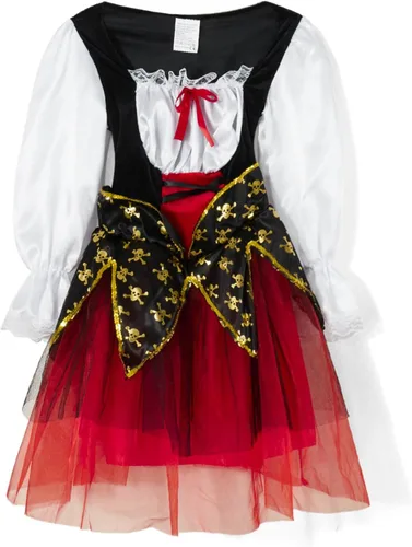 Vista 4 de Vestido pirata para niños, niñas, disfraz de Halloween, vestido midi de encaje de manga larga, chaleco de fiesta, club, cinturón de cintura, gorro