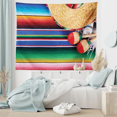 Vista 5 de Lunarable Tapiz mexicano, tema de cultura latinoamericana, sombrero de paja, manta de serape de Maracas, decoración de tela para colgar en la pared