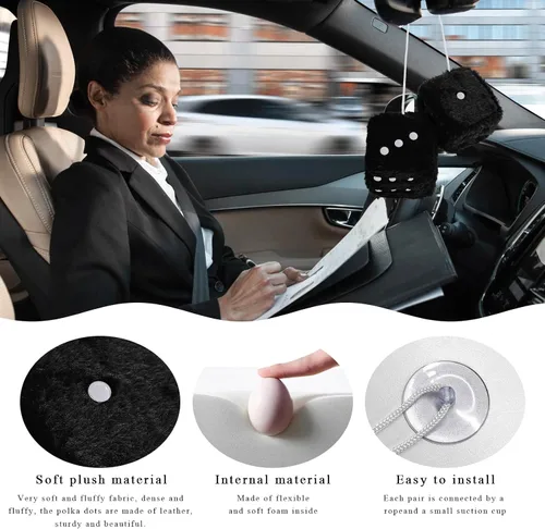 Vista 3 de KVAEY 2 piezas de dados de felpa con puntos, par de dados cuadrados de 3 pulgadas, retro para colgar en espejo retrovisor, colgante clásico de dados
