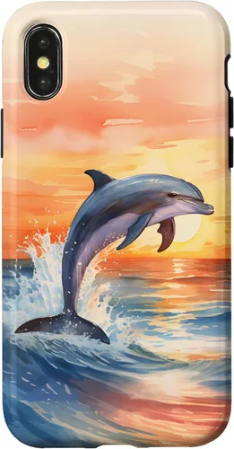 Vista 5 de Dolphin Jumping Sunset Over Ocean Watercolor Art Case for iPhone 17