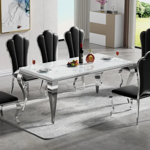 Vista 18 de Mesa de comedor de mármol negro para 4, 6, 70 pulgadas, moderna mesa de comedor de cocina dorada con base de acero inoxidable con diseño