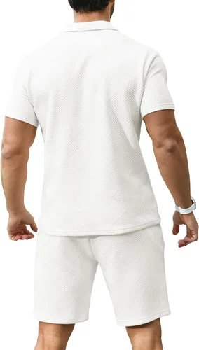 Vista 4 de KUYIGO Conjunto de camisa polo y pantalones cortos para hombre, trajes de verano a la moda, casual, de manga corta, traje de 2 piezas para hombre