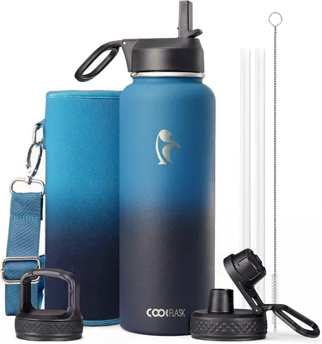 Vista 61 de Coolflask Botella de agua de 20 onzas aislada con pajilla, 3 tapas de metal de acero inoxidable, botella de agua de boca ancha para deportes u