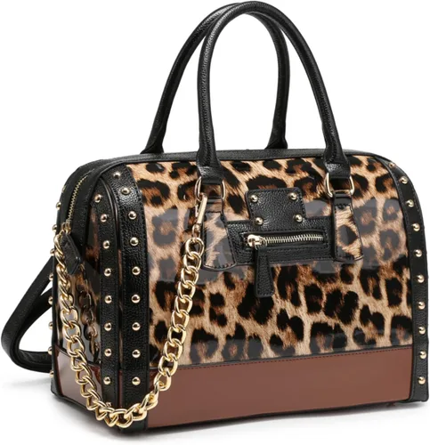 Vista 12 de Dasein Bolso Barrel para Mujer de Cuero Sintético de Charol Brillante con Decoración de Remaches Asa Superior Cartera Bolso de Hombro Azul más grande