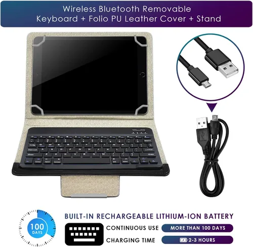 Vista 7 de DETUOSI Funda universal para tableta Android de 10.1 pulgadas con teclado, teclado Bluetooth inalámbrico extraíble + funda de cuero sintético +