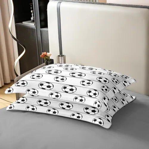 Vista 6 de Juego de ropa de cama de fútbol 100% algodón natural, tamaño individual, funda de edredón con patrón de bola blanca trasera, 2 piezas