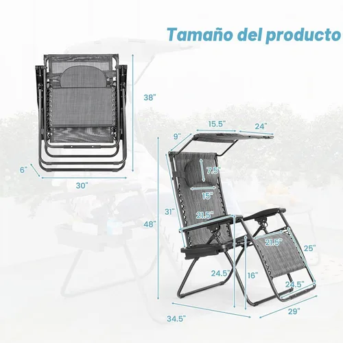 Vista 3 de Sillas Goplus Zero Gravity, Silla de jardín plegable extra grande con toldo y soporte para copas, Silla reclinable ajustable para patio plegable