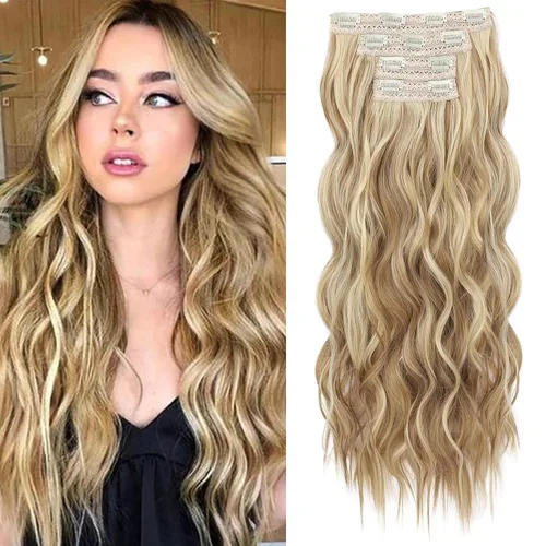 Vista 14 de REECHO Extensiones de cabello con pinza, 4 piezas de extensiones de cabello rubio de 24" de largo, ondas de playa gruesas, HE003, trama de encaje